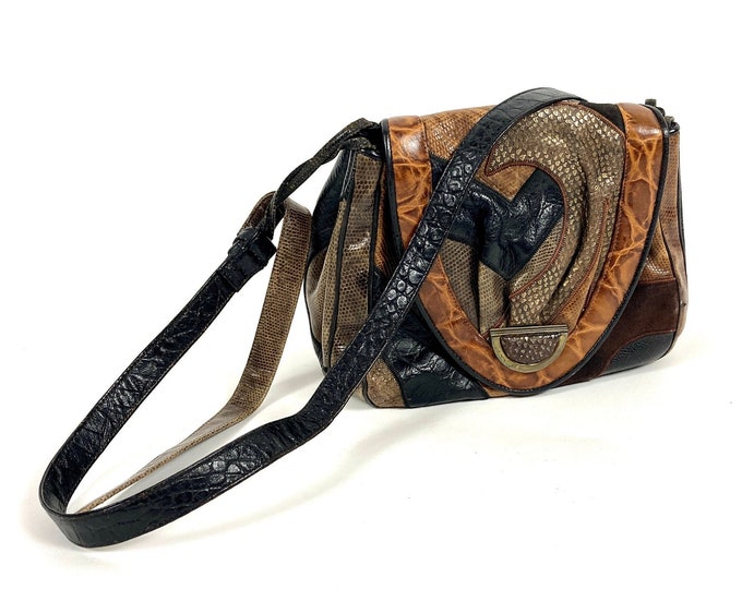 80s Black Patchwork Leather Crossbody Bag Reptile Oversized Boho Hobo Purse Snakeskin Satchel Saddle Bag Medallion Shoulder Vintage Bag
