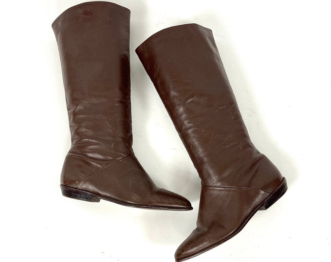 70s Brown Tall Leather Boots Flat Riding Vintage Cowboy Boho Pirate Slouch Hippie Boots 7 7.5