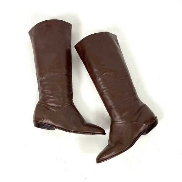 70s Brown Tall Leather Boots Flat Riding Vintage Cowboy Boho Pirate Slouch Hippie Boots 7 7.5