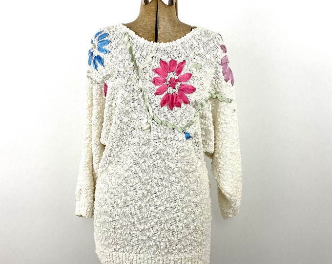 80s White Pastel Nubby Knit Sweater Floral Ribbon Embellishment Pearl Beaded Dolman Sleeve Boho Vintage Dress Sweater Top Xs S M