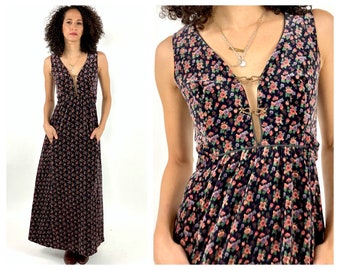 70s Lanz Maxi Dress Black Velvet Plunging Cottagecore Dress Empire Corset Floral Ethereal Dress Hippie Boho Vintage Sundress XS S