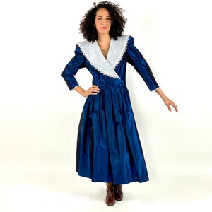 80s Blue Metallic Taffeta Prom Dress Black Pleated Oversized White Big Shoulder Sheer Collar Party Vintage Dress S M