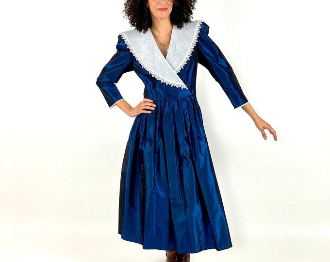 80s Blue Metallic Taffeta Prom Dress Black Pleated Oversized White Big Shoulder Sheer Collar Party Vintage Dress S M