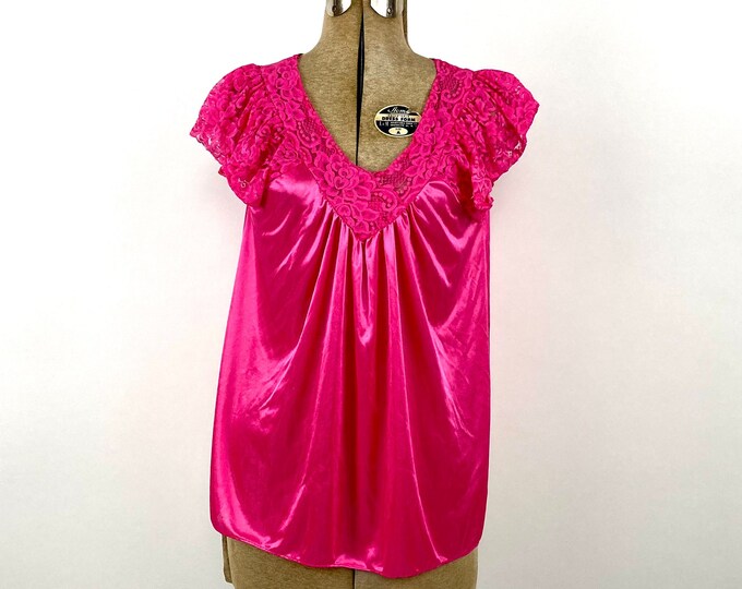80s Bright Pink V Neck Lace Draped Flutter Sleeve Romantic Top Sheer Festival Bohemian Dress Party Blouse Shirt Xs S