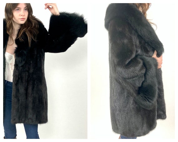 60s Black Mink Fur Coat Swing Dress Glam Jacket B… - image 2