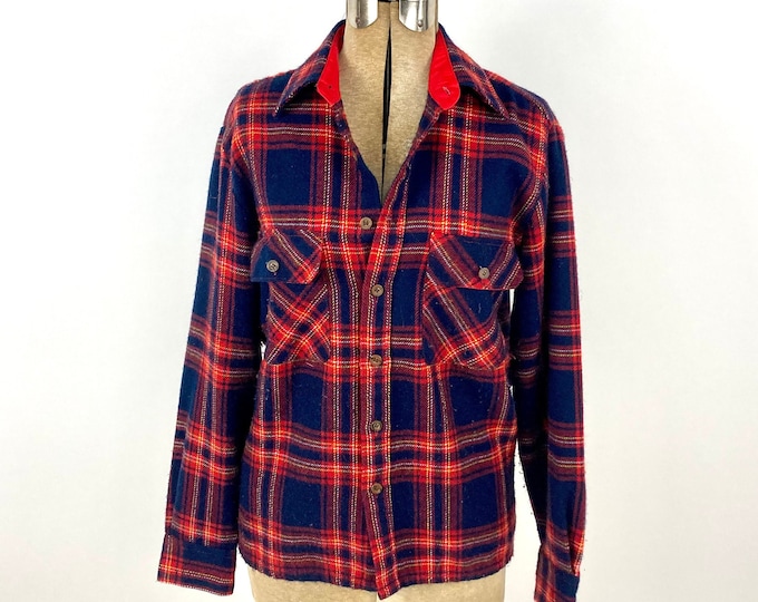 70s Navy Blue Red Flannel Western Vintage Shirt Blouse Cowboy Button Up Top