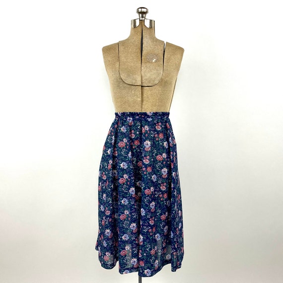 80s Navy Blue Floral Sheer Skirt Boho Hippie Cott… - image 6