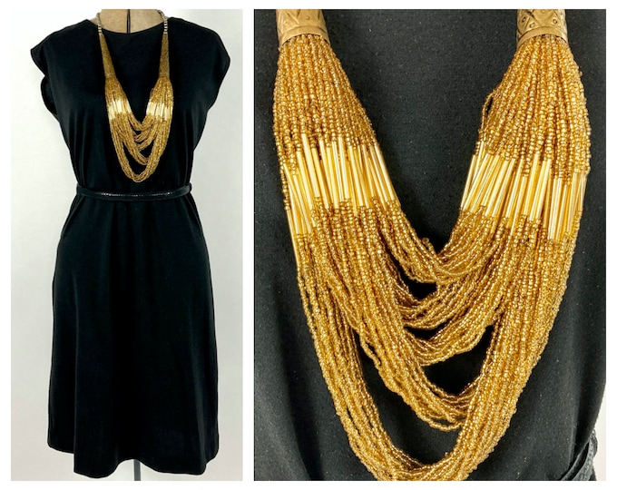70s Long Gold Beaded Statement Necklace Tribal Multi-Strand Chunky Layered Gypsy Grecian Goddess Bib Necklace