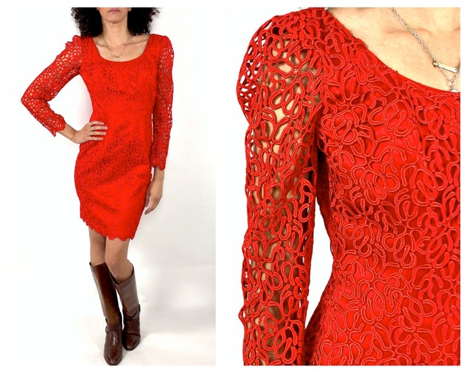 80s Red Avant Garde Sheer Lattice Cut Out Cocktail Dress Origami Embroidered Pencil Dress Long Sleeve Evening Party Vintage Glam Dress XS S