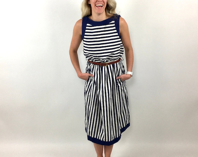 70s Lanz Midi Dress Navy Blue White Blouson Dress Nautical Striped Party Dress Vintage Party Sun Dress Xs S