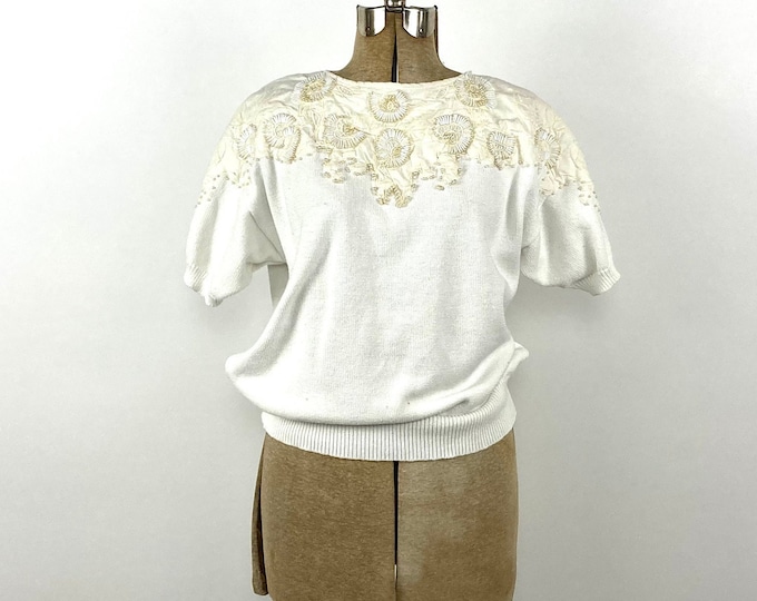 80s White Beaded Embroidered Floral Seashell Sweater Cream Cropped Knit Dress Top Vintage Novelty Top Xs S M