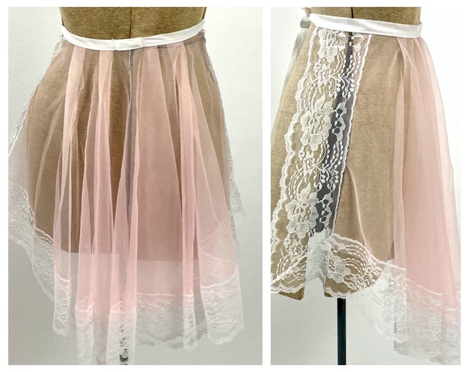 50s Pale Pink Sheer Apron Lingerie Mini Slip White Lace Half Slip Vintage Dress Costume Apron