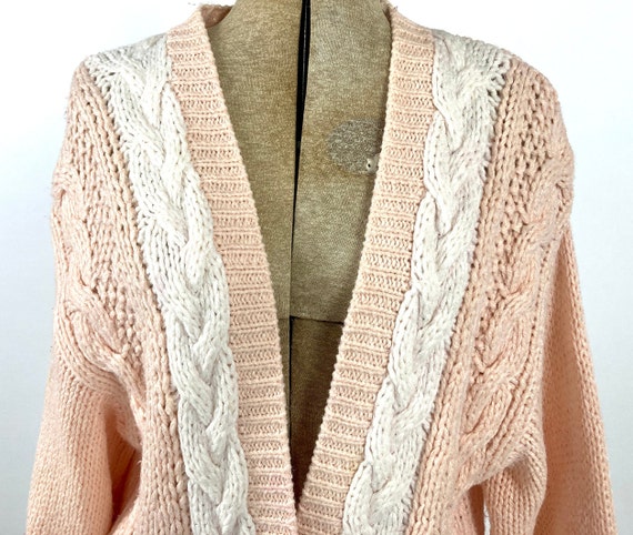 80s Peach Pink Cardigan Sweater Chunky White Cabl… - image 4