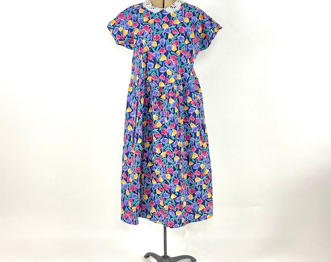 80s Bright Tulip Print Tent Dress Red Lace Short Sleeve Trapeze Dress Hippie Boho Party Midi Dress M L