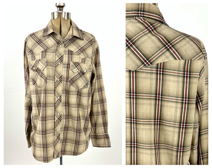 90s Y2K Brown Western Snap Shirt Striped Tan Plaid Top Long Sleeve Cowboy Button Up Vintage Dress Shirt