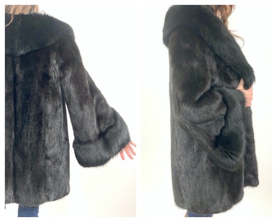 60s Black Mink Fur Coat Swing Dress Glam Jacket B… - image 1