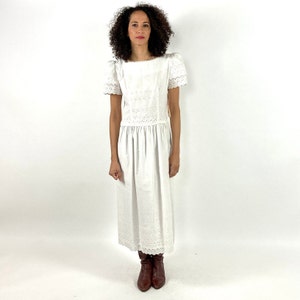 Jaren 80 Lanz witte cottagecore katoenen jurk etherische oogje kanten ruches jurk engelachtige pofmouw maxi jurk NOS vintage boho zonnejurk S M