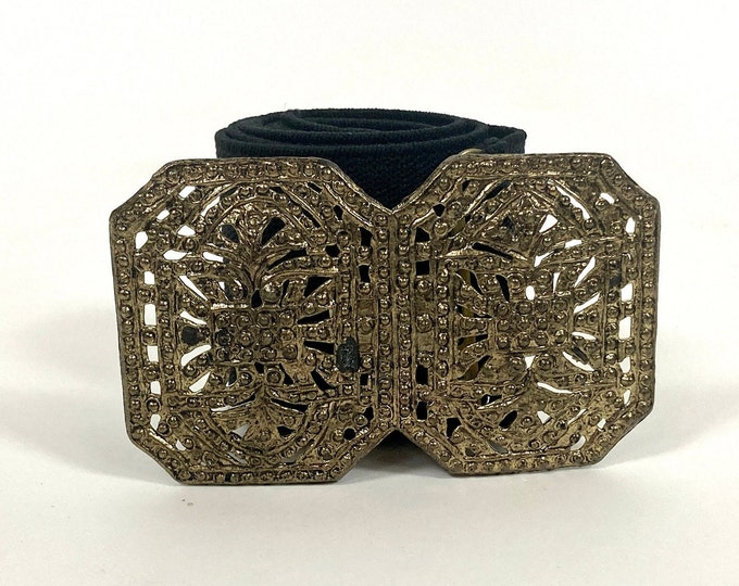70s Ornate Brass Snake Serpent Belt Raised Stretch Rectangle Metal Gold Belt Elastic Vintage Dress Belt S