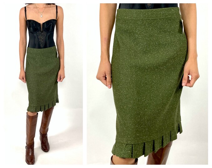 Y2K NWT Green St John Knit Metallic Dress Skirt Gold Sparkly Ruffle Hem Designer Deadstock NOS Skirt Vintage Dress Skirt