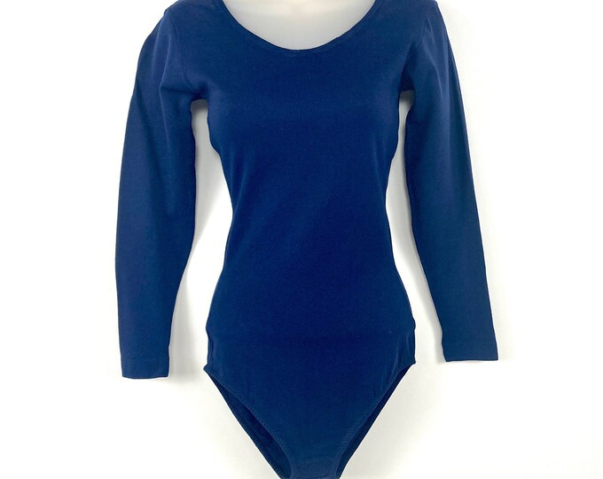 80s Navy Blue Low Scoop Neck Long Sleeve Bodysuit One Piece Cheeky Leotard Vintage Xs S M