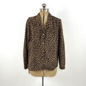 80s Brown Black Leopard Print Blouse Secretary Animal Print V Neck Button Up Vintage Dress Top S M