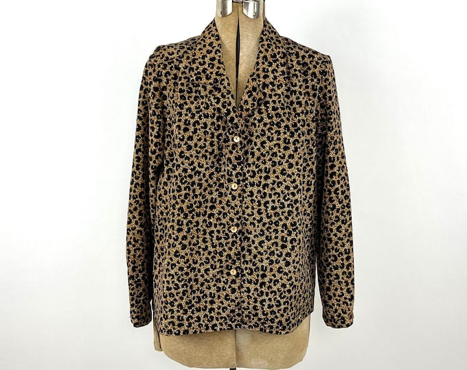 80s Brown Black Leopard Print Blouse Secretary Animal Print V Neck Button Up Vintage Dress Top S M