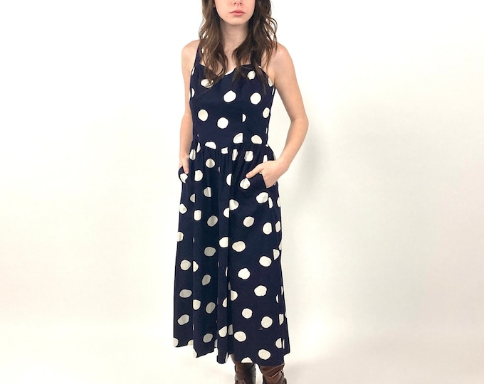 70s Lanz Midi Dress Navy Blue Polka Dot Dress Garden Party Pockets Day Dress Sweetheart Criss Cross Vintage Sundress Xs S