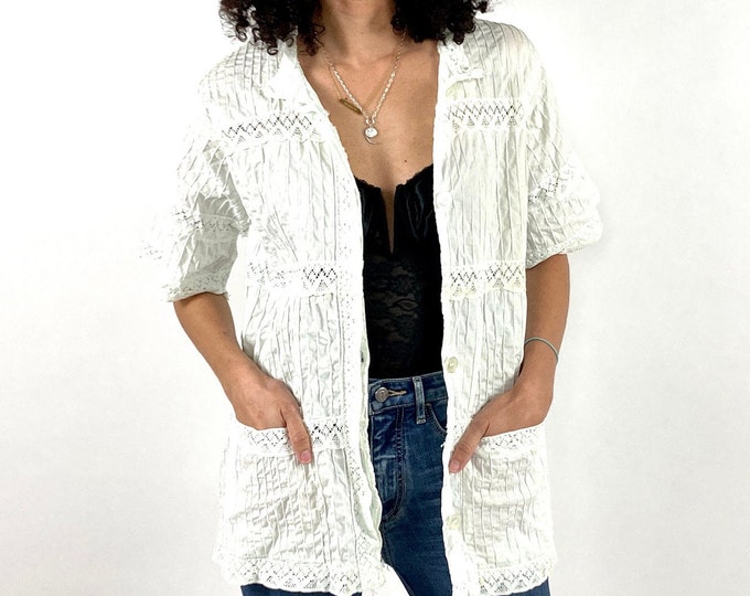 70s White Pintuck Tunic Lace Cottagecore Cotton Top Ethereal Bell Sleeve Dress Blouse Angelic Vintage Boho Hippie Shirt Top XS S M