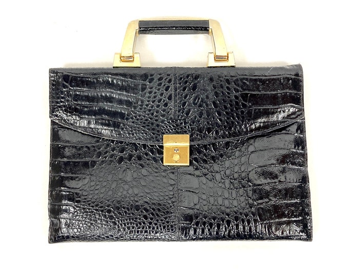 70s Black Patent Leather Handbag Large Pebbled Reptile Envelope Gold Bag Hand Held Bag Clutch Bag Boho Hippie Purse