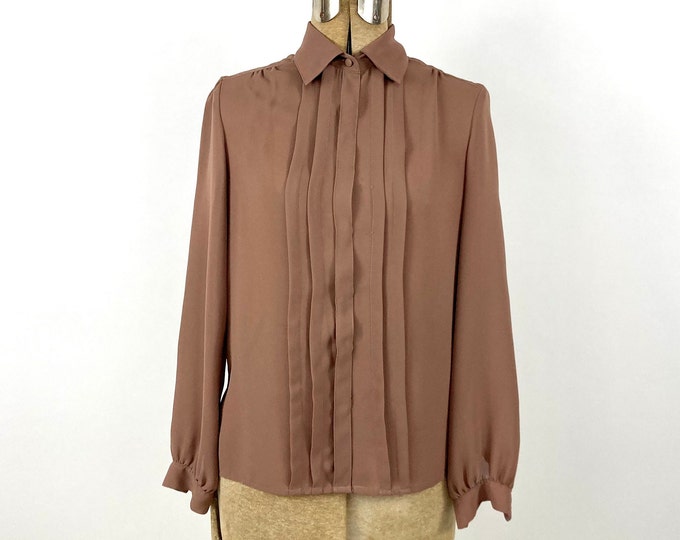 70s Brown Sheer Pintuck Blouse Vintage Secretary Minimalist Dress Top Button Up Shirt S M