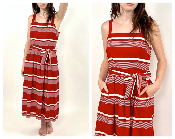 70s Lanz Red White Striped Dress Square Neck Full Skirt Midi Sundress Garden Party Vintage Nautical Sailor Dress