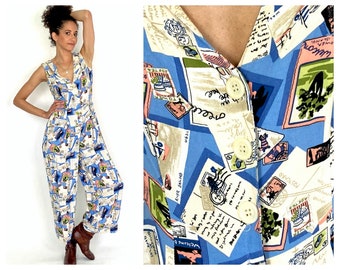 80s Blue Novelty Postcard Print Jumpsuit Cut Out Button Down Wide Leg Jumpsuit Dress Boho Party Vintage XS S