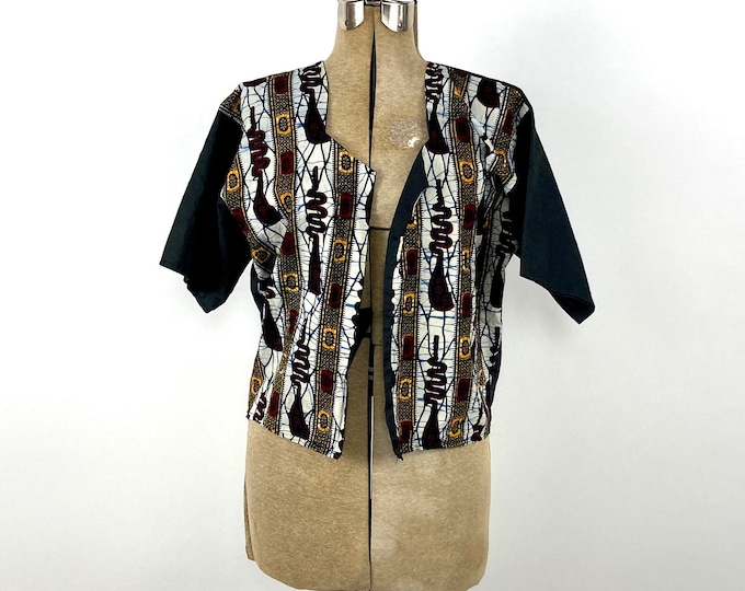 80s Black White Batik Tribal Cotton African Crop Top Dashiki Cropped Jacket Vintage Dress Top Xs S M