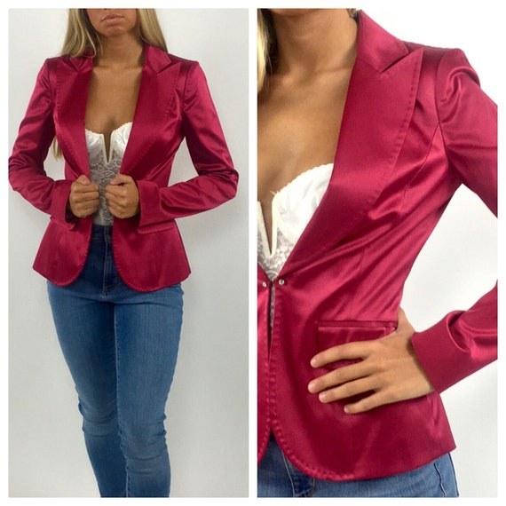Y2K Hot Pink Satin Blazer Tiny Tailored Jacket De… - image 1