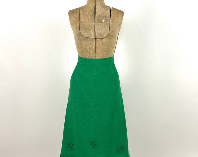 60s Green Tweed Skirt Crochet Knit Boho Academia Vintage Dress Skirt Xs S