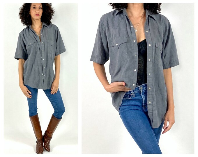 70s Gray Western Snap Shirt Oversized Plains Checked Button Down Dress Shirt Vintage Blouse Cowboy Button Up Top