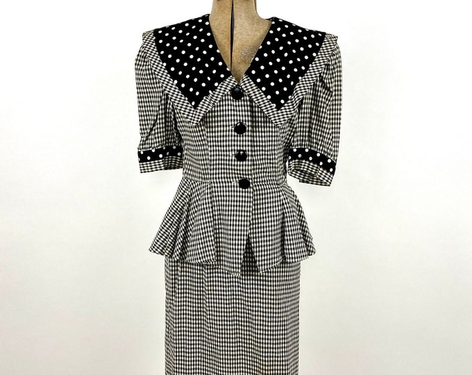 80s Black Peplum Mini Dress White Gingham V Neck Wiggle Plaid Dress Polka Dot Puff Sleeve Button Down Big Collar Checked Party Dress Xs S