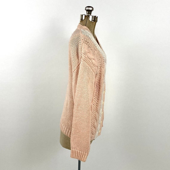 80s Peach Pink Cardigan Sweater Chunky White Cabl… - image 5