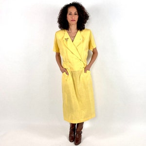 80s Yellow V Neck Dress Big Collar Belted Pocket Midi Dress Sheath Vintage Day Dress S M