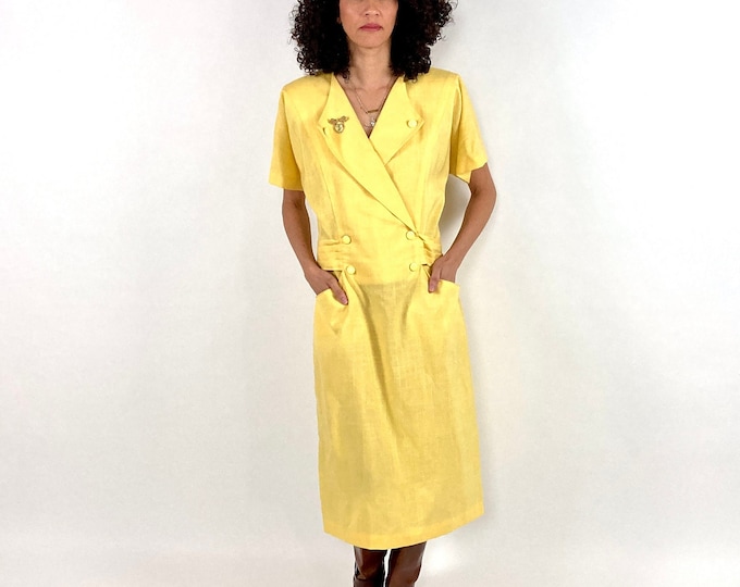 80s Yellow V Neck Dress Big Collar Belted Pocket Midi Dress Sheath Vintage Day Dress S M