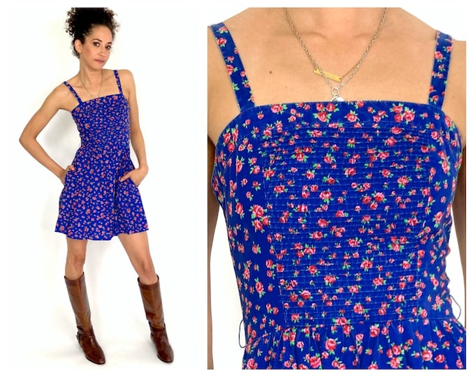 70s Lanz Purple Floral Dress Cottagecore Boho Sun Midi Blue Dress Pintuck Pocket Vintage Sundress Xs S
