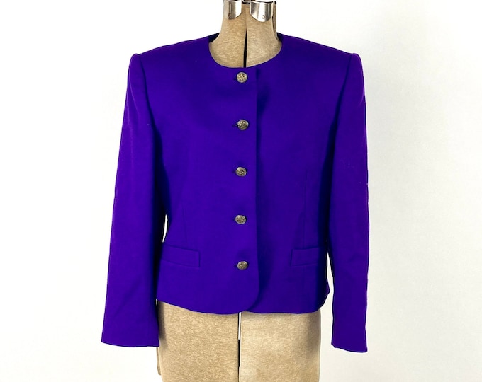 80s Purple Cropped Blazer Vintage Square Boxy Sport Coat Wool Bright Dress Jacket S M