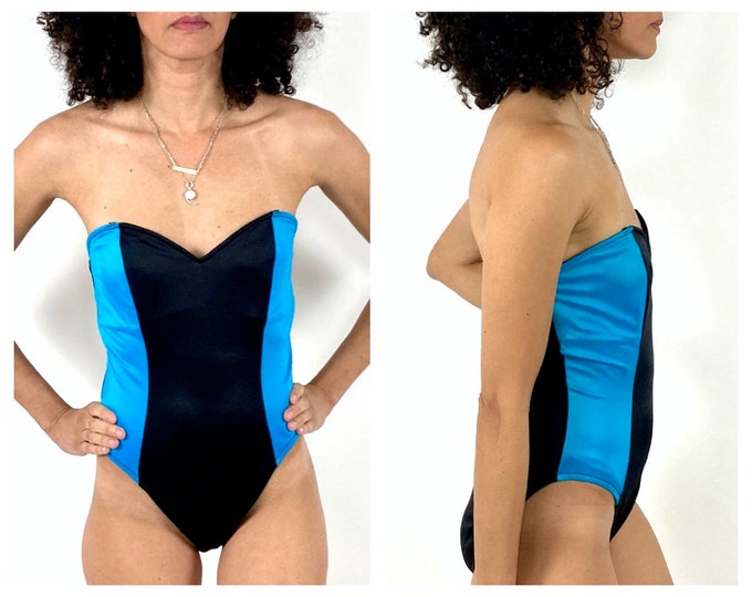 80s Electric Blue Strapless Swimsuit Black Colorblock Bathing Suit Boned One Piece Vintage Punk Bodysuit Party XS S