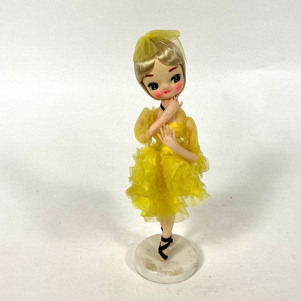 60s Big Eyed Posable Doll On Stand Yellow Ballerina TuTu Vintage Blonde Brown Eye Girl Doll