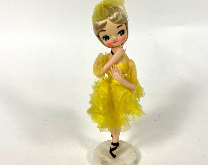 60s Big Eyed Posable Doll On Stand Yellow Ballerina TuTu Vintage Blonde Brown Eye Girl Doll
