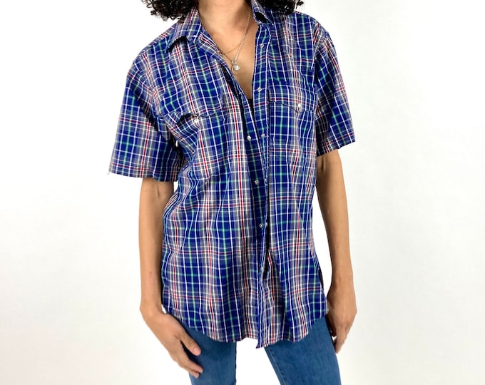 70s Blue Gray Western Snap Shirt Oversized Red Plaid Button Down Dress Shirt Vintage Blouse Cowboy Button Up Top