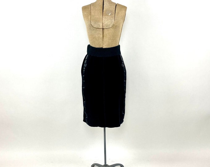 80s Black Velvet Skirt Pocket Striped Tuxedo Pencil Vintage Dress Skirt