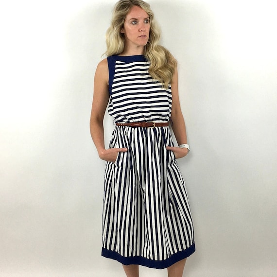 70s Lanz Midi Dress Navy Blue White Blouson Dress… - image 2