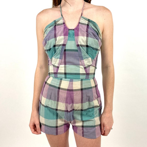 30s Pin Up Checked Bathing Suit Ruched Halter Gre… - image 6