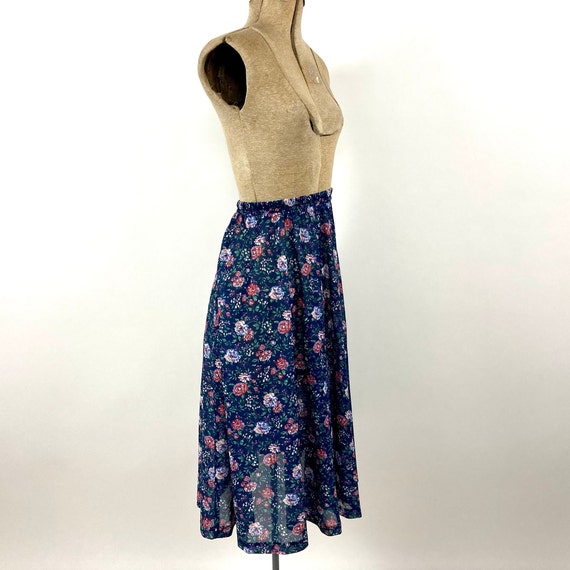 80s Navy Blue Floral Sheer Skirt Boho Hippie Cott… - image 4